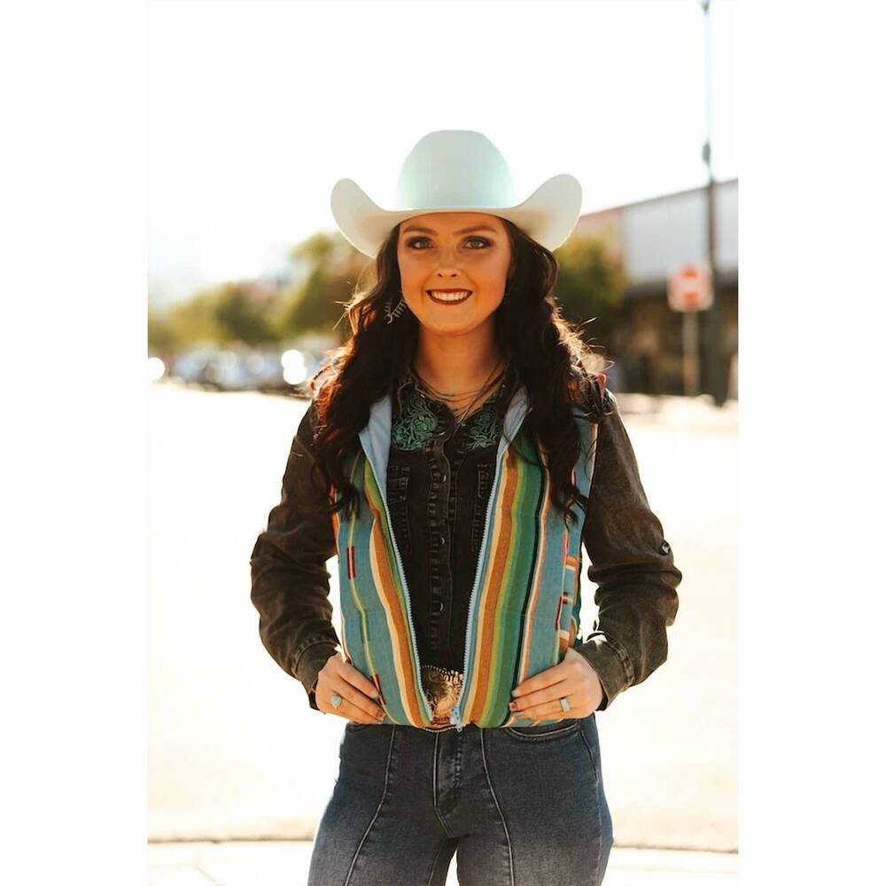 NEW LUCKY & BLESSED serape western woven zip-up puffer vest in jade